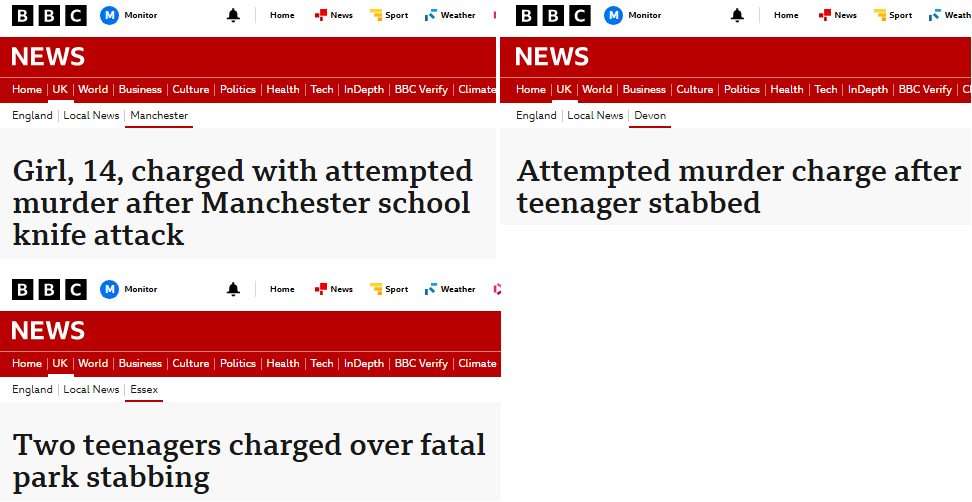 msm_monitor's tweet photo. As BBC Scotland temporarily pauses its 'Scotland in grip of teenage knife crime epidemic', here's three headlines this last week from England. https://t.co/MH5BpXDzS1