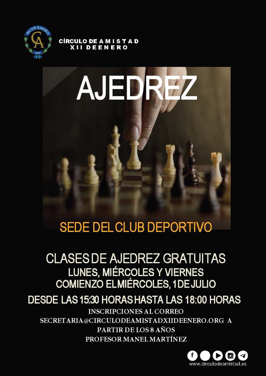 CDAXII's tweet photo. ♟️ #Círculo_Ajedrez

Clases gratuitas de ajedrez en la sede del Club deportivo del Círculo de Amistad XII de Enero

El Círculo pone en marcha sus clases gratuitas de ajedrez, una actividad dirigida a participantes a partir de los 8 años. https://t.co/a1eIAHwOD1