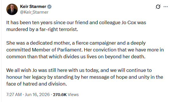 godblesstoto's tweet photo. Observe and compare.

The murder of Jo Cox: 
Murdered by a far-right terrorist.
 
The murder of David Amess: 
Apparently, he just died. https://t.co/gapzuN8tfv