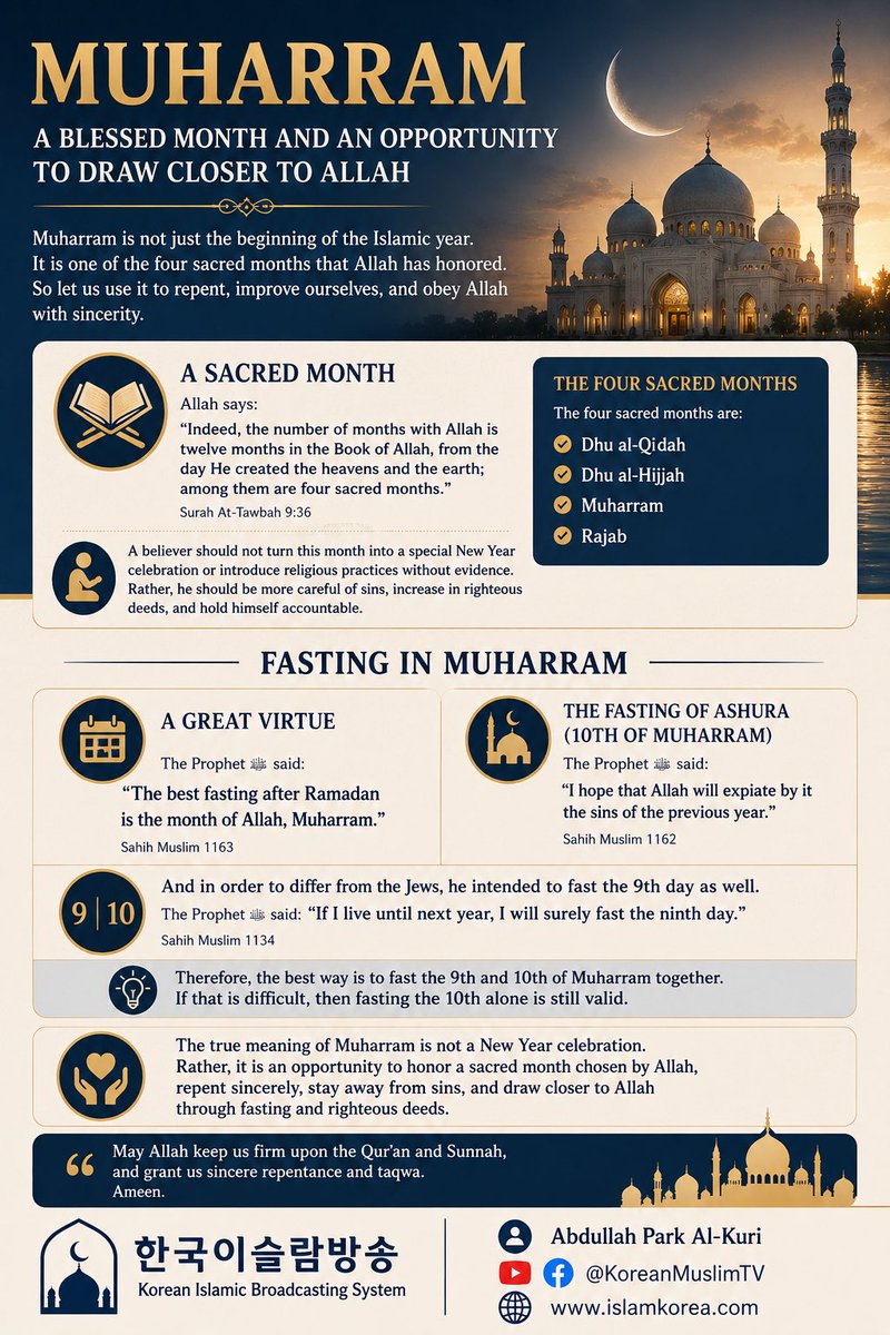 koreanimam's tweet photo. The Scholarly Meaning of Muharram

Muharram is not merely the beginning of the Islamic year. It is one of the four sacred months that Allah has honored.

Allah says in meaning:

“Indeed, the number of months with Allah is twelve months in the Book of Allah, from the day He created the heavens and the earth; among them are four sacred months.”

Surah At-Tawbah 9:36

Therefore, a believer should not turn this month into a special New Year celebration or introduce religious practices without evidence. Rather, he should be more careful regarding sins, increase in righteous deeds, and hold himself accountable.

Fasting in Muharram also has great virtue.

The Prophet Muhammad, peace and blessings be upon him, said:

“The best fasting after Ramadan is the month of Allah, Muharram.”

Sahih Muslim 1163

In particular, fasting on Ashura, the 10th of Muharram, is an emphasized Sunnah.

The Prophet Muhammad, peace and blessings be upon him, said about fasting Ashura:

“I hope that Allah will expiate by it the sins of the previous year.”

Sahih Muslim 1162

And in order to differ from the Jews, the Prophet Muhammad, peace and blessings be upon him, intended to fast the 9th day as well.

The Prophet Muhammad, peace and blessings be upon him, said:

“If I live until next year, I will surely fast the ninth day.”

Sahih Muslim 1134

Therefore, the best way is to fast the 9th and 10th of Muharram together. If that is difficult, then fasting the 10th alone is still valid.

The true meaning of Muharram is not a New Year celebration. Rather, it is an opportunity to honor a sacred month chosen by Allah, sincerely repent, stay away from sins, and draw closer to Allah through fasting and righteous deeds.

May Allah keep us firm upon the Qur’an and Sunnah, and grant us sincere repentance and taqwa.

Ameen.