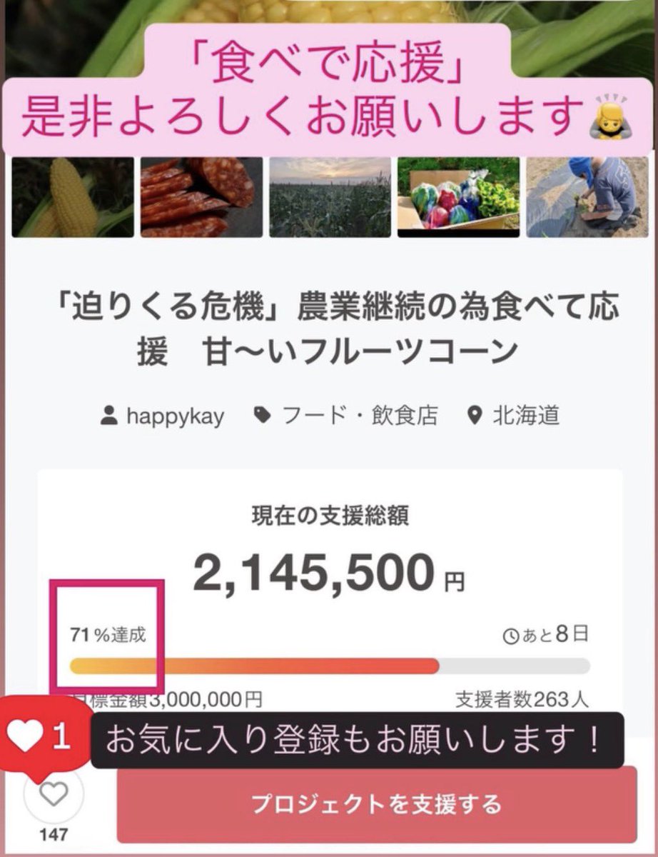 farmdemeter's tweet photo. 【クラウドファンディング残り8日です！】 進捗71%、「食べてご支援」是非よろしくお願いします！！

https://t.co/plyCxxWdiS

#クラウドファンディング挑戦中
 #フルーツコーン
 #無農薬野菜栽培 https://t.co/l4AnkBoXwH