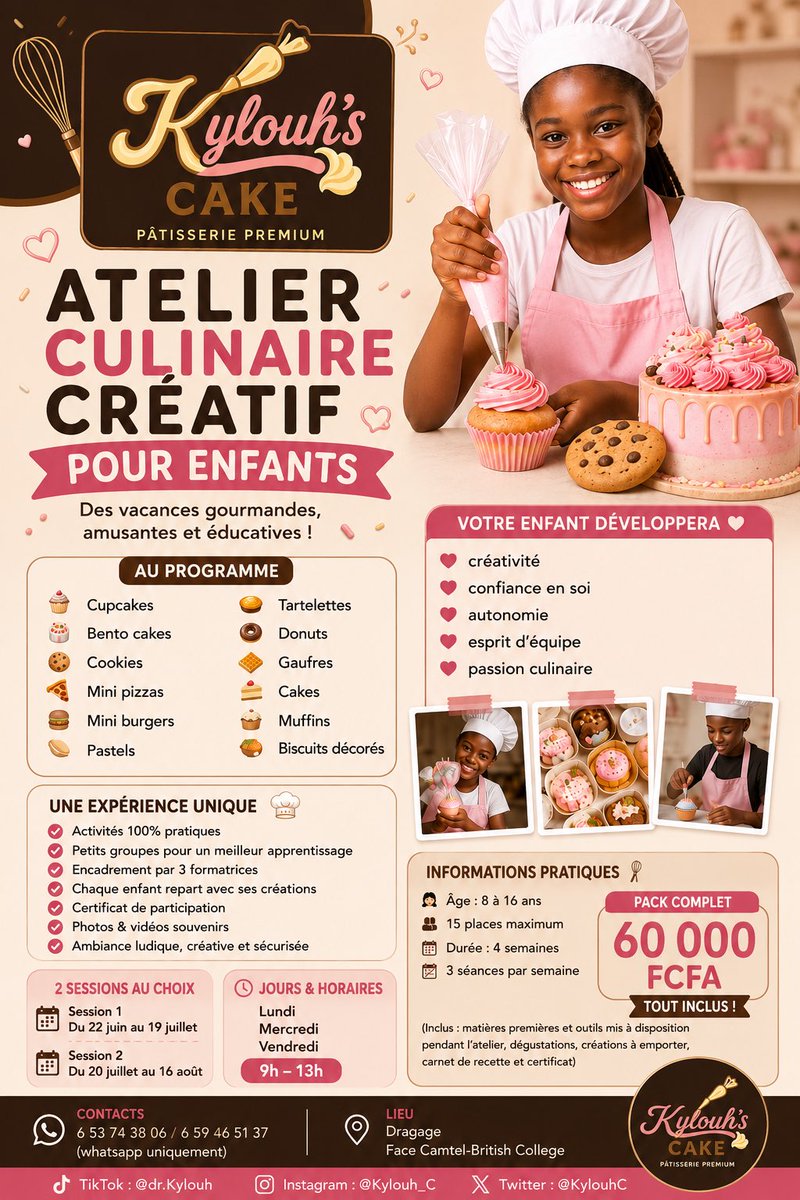 KylouhC's tweet photo. Vos enfants méritent de vous faire des pâtisseries aussi gourmandes à la maison.
À l’atelier culinaire de Kylouh’s cake, ils vont apprendre un peu de tout . Voilà 3 types de pâtisseries qu’ils apprendront avec nous 🥰 https://t.co/ny1hYNGR2Z