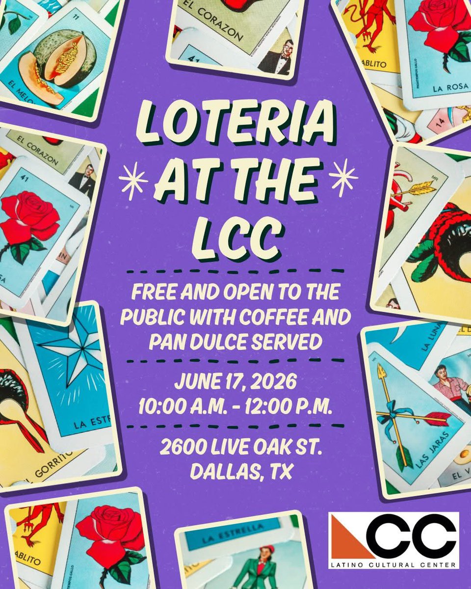 informatedfw's tweet photo. Loteria at the LCC is back June 17, 2026 FREE from 10 AM – 12 PM at the Latino Cultural Center. ☕️🥐
☕ Enjoy coffee & pan dulce
🎁 Win exciting prizes
📲 For other details, visit https://t.co/pi9fHl7kWs.
#InfoDFW #Dallas #FortWorth
#ThingsToDoInDallas #Dallas https://t.co/zXSBS6zK23