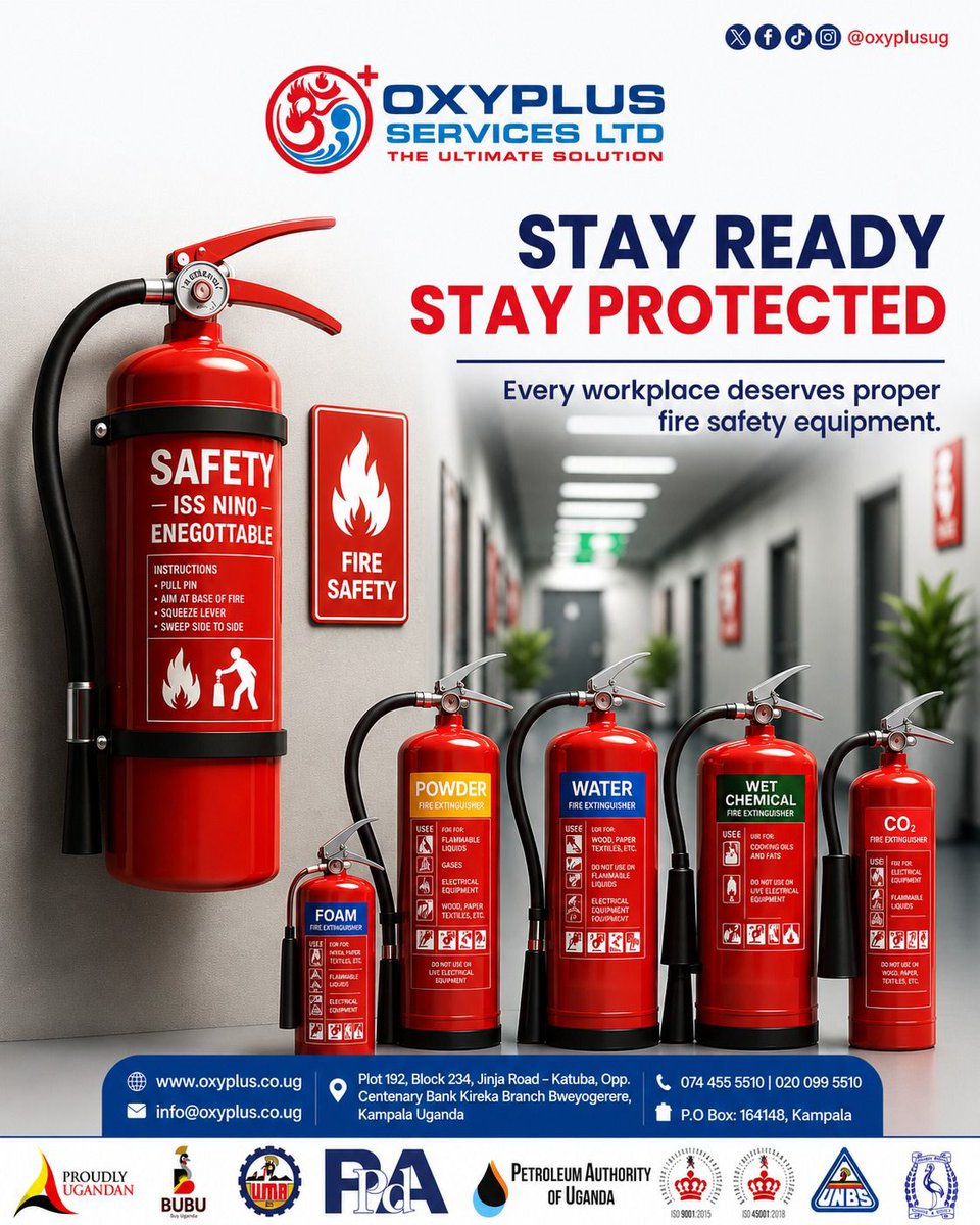 oxyplusug's tweet photo. 🔥 Stay Ready

🧯 Our Range Includes:
💧 Water – For wood, paper, and textiles.
🧼 Foam – For flammable liquids and organic materials.
💨 Powder – Multi-purpose protection (including electrical hazards).
🧪 Wet Chemical – Essential for cooking oils and commercial kitchens. https://t.co/C761vyNsVN