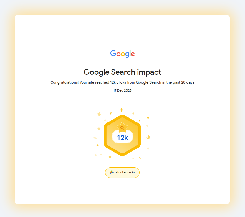 SammedChougule's tweet photo. 🚀 Stocker just crossed 12,000 Google Search clicks in the last 28 days. 

Started as a side project for Indian stock market analysis.

Includes: Live Stocks, Market Mood Index, Stock Screeners, Investment Calculators

👉 https://t.co/m6niTRynvj

#stocker #buildinpublic #stocks https://t.co/jXjTTd5MOi