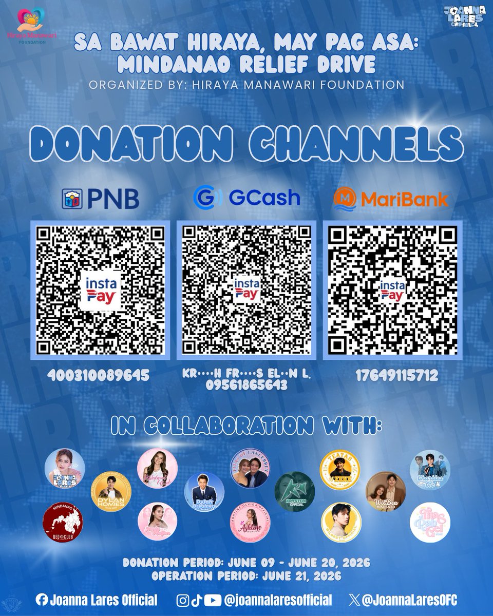 JoannaLaresOFC's tweet photo. [ RELIEF DRIVE ]

Support our Sa Bawat Hiraya, May Pag-asa: Mindanao Relief Drive for families affected by the recent earthquake in General Santos City.

Every donation, share, and prayer counts. Thank you! 💙

📅 Until June 20, 2026
🚚 Relief Operation: June 21, 2026 https://t.co/qivge4etQJ