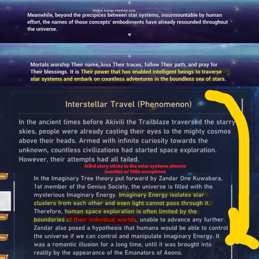 jar0xx's tweet photo. there's sm game text riddled with mistranslation that makes ppl believe hsr and hi3rd are in different universes but on surface it's easy:

welt's homeworld (earth) is just apart of another star system. what penacony is to asdana star system, earth and more are to solar system. https://t.co/a3qyw2H5SX