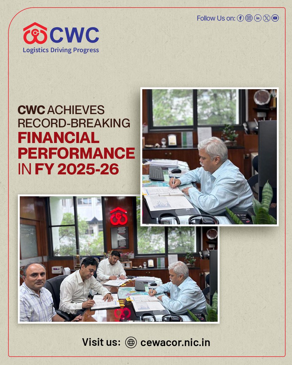 cwc_warehouse's tweet photo. �� CWC Achieves Record-Breaking Financial Performance in FY 2025-26 ��

Central Warehousing Corporation (CWC), a Navratna CPSE, has reported its highest-ever financial results for FY 2025-26.

✅ Total Income: ₹3,636 Cr.
✅ Profit Before Tax (PBT): ₹908 Cr.
✅ Profit After Tax (PAT): ₹695 Cr.
✅ Capacity Utilization: Record 95%, handling 133.32 Lakh MT

Sh. Santosh Sinha, Managing Director, CWC, and Sh. Niraj Priyadershi, Director (Finance), CWC, signed the FY 2025-26 Financial Statements along with CA Nitesh Goel, Partner, Dass Gupta & Associates, Statutory Auditors of CWC.

These milestones reflect CWC's continued commitment to operational excellence, efficiency, and nation-building through world-class warehousing and logistics services.

#CWC #CentralWarehousingCorporation #Navratna #FinancialResults #FY202526 #Warehousing #Logistics #SupplyChain #Growth #India #CPSE #AtmanirbharBharat #fooddeptgoi

@JoshiPralhad @PralhadJoshiOfc @fooddeptgoi @blvermaup @Nimu_Bambhaniya @MDCWC @Directorprscwc @Director_FinCWC @Director_MCP