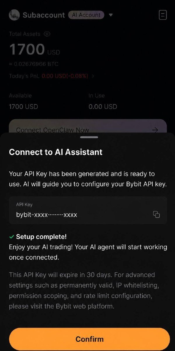 Hexblade_eth's tweet photo. Sinubukan ko ang bagong AI Subaccount ng Bybit at surprisingly madali lang itong i-set up.

Kung gusto mong gumamit ng AI assistants para makatulong sa trading workflow mo, ginawa ang AI Subaccount para maihiwalay ang AI activity mula sa main account mo para mas kontrolado ang risk.

📌 Paano gumawa ng AI Subaccount:

1️⃣ Sa Bybit App, pumunta sa:

Profile → Settings → Subaccount → Create

2️⃣ Maglagay ng pangalan para sa subaccount at piliin ang "AI Subaccount"

3️⃣ Kumpletuhin ang security verification

4️⃣ Pagkatapos magawa ang subaccount, i-connect ito sa AI assistant sa pamamagitan ng pagkuha ng Public Key at pag-generate ng API Key

5️⃣ Sundin ang setup instructions ng AI assistant para makumpleto ang configuration

💡 Bakit ito interesante?

✅ Hiwalay ang AI trading activity sa iyong main account

✅ May default asset cap na $5,000 para makatulong sa risk management

✅ Pwede mong kontrolin ang permissions tulad ng transfer requests at leverage settings

✅ Hindi kailangang ibahagi ang credentials ng main account

✅ Ang API keys ay may default na 30-day expiration para sa dagdag na seguridad

Ang magandang bahagi rito ay may mas malinaw kang kontrol kung paano makikipag-interact ang AI assistant sa trading account mo habang nananatiling hiwalay ang pangunahing pondo mo.

Para sa mga gustong mag-explore ng AI-powered trading tools, magandang feature itong tingnan.

📖 Learn more:
https://t.co/CjIsbQiFpK

📝 Register here:
https://t.co/Ws3Trqoo9d

#Bybit #AI #CryptoTrading #AISubaccount