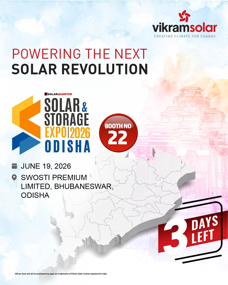 VikramSolar's tweet photo. The countdown beginsโjust 3 days to go!
Join us at Solar & Storage Expo Odisha 2026 and discover how we're powering the next solar revolution. Visit us at Booth 22.
๐ Swosti Premium Limited, Bhubaneswar, Odisha
๐๏ธ 19 June 2026
#VikramSolar #CreatingClimateForChange https://t.co/D78Ug1vkvv