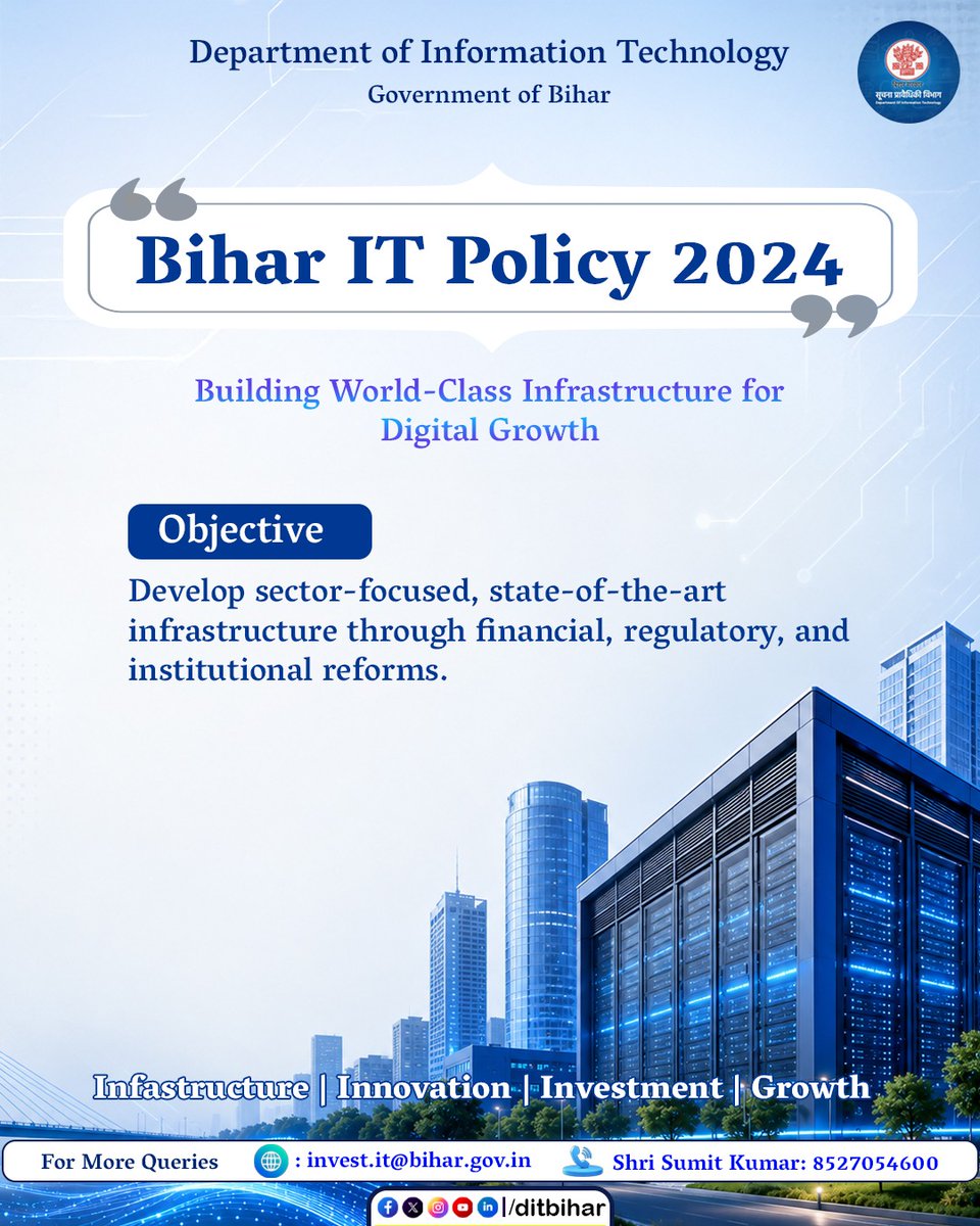 DitBihar's tweet photo. Building the foundation for digitally empowered Bihar.

Under the Bihar IT Policy 2024, the state is focused on developing world-class digital infrastructure through strategic reforms, investments, and institutional support. 

@mishranitish 

#BiharITPolicy2024 #DigitalBihar #InvestInBihar #BiharIT #TechDrivenGrowth #DigitalTransformation #FutureReadyBihar #ITInfrastructure #InnovationEcosystem #BiharDevelopment #TechnologyForGrowth #DigitalEconomy #EaseOfDoingBusiness #GovernmentOfBihar #DITBihar