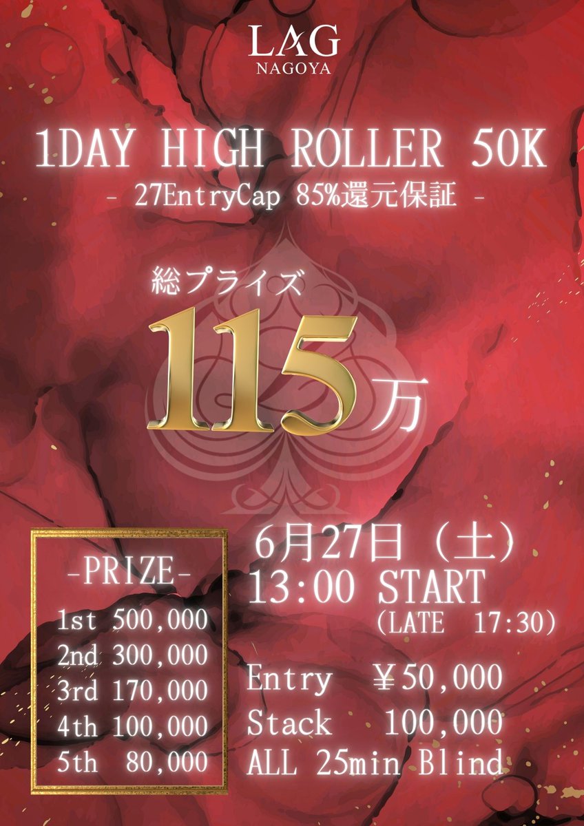 LAG_NAGOYA's tweet photo. 【6/27(土)50K 1 DAY HIGHROLLER】
引用RPキャンペーン‼️

◤◢◤◢◤◢◤◢◤◢◤◢◤◢◤◢
🚨こちらのポストを引用RPで、3名様‼️
6/27(土)5万ハイローラーを5,000割引🚨　
◤◢◤◢◤◢◤◢◤◢◤◢◤◢◤◢

🚨50K 1 DAY HIGHROLLER🚨

　　　　6/27(土)13:00〜
　                 【Prize】
         🔥総額115万保証🔥
               85%還元保証
         ALL25minブラインド
  　1DAY完結 10万点スタート
                27Entry Cap

　   Entry￥50,000/Re ¥ 50,000

こちらのポストを引用RPで抽選で【3名様】に6/27(土)のハイローラーを【5,000割引】🈹
※絵文字や一文字のRPは対象外となります。

期限→6/24(水)24:00
結果発表→6/25(木)21:00

事前予約してる方も抽選対象となります✨
事前予約特典としてアーリーバードとは別に初期スタック+10,000点になるので、事前予約が【超】お得🉐

事前入金(コイン、PPP、LP、現金等)で予約可能🉑

ご予約はスタッフ、TEL、XのDMまで✨

みなさまの引用RP&ご予約のご連絡お待ちしております😊