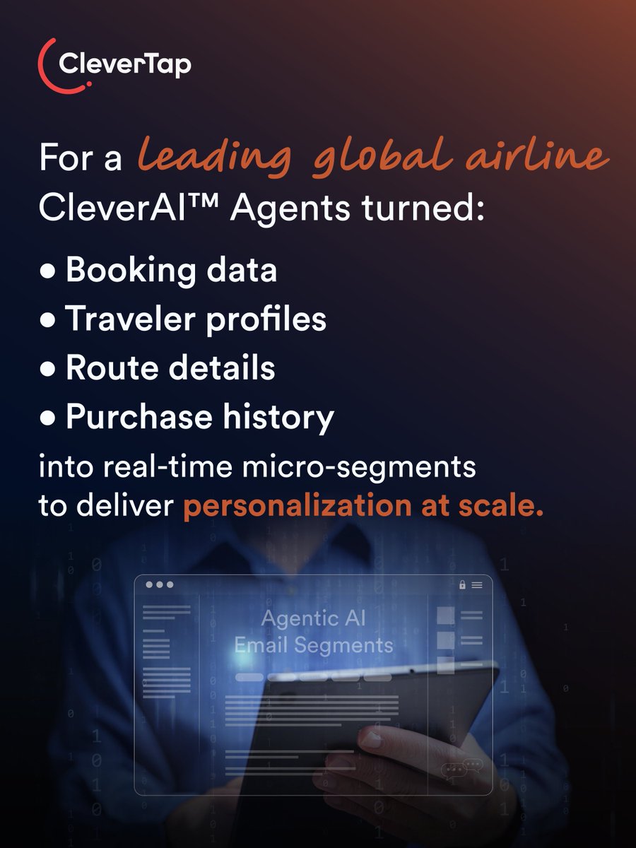 CleverTap's tweet photo. Pre-travel emails have one job: be useful before the passenger has to ask. ✈️

CleverTap’s ebook shows how a leading airline used CleverAI™ Agents to make email more journey-led, from meal nudges to upgrade prompts. https://t.co/wYt5HEOHMB

The impact: 63M sends and 430% ROI via email!

#CleverTap #AgenticAI #EmailMarketing #TravelTech #CustomerEngagement