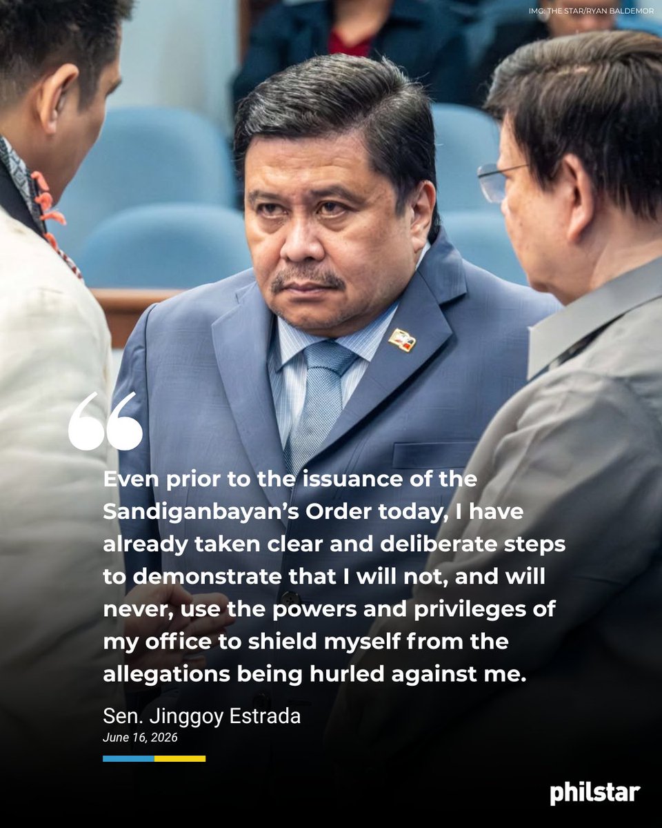 PhilstarNews's tweet photo. JINGGOY ON HIS SUSPENSION

Sen. Jinggoy Estrada released a statement on Tuesday saying that he had shown he would not use his position to influence the case against him, even before the Sandiganbayan ordered his preventive 90-day suspension.

He cited his decision not to seek Senate protective custody, his “voluntary surrender” to authorities after a warrant of arrest was issued and his request for the suspension of his salary.

“At this stage, I remain open to availing myself of all legal remedies under the law,” Estrada said.

Related: https://t.co/vCMhT6ceyJ