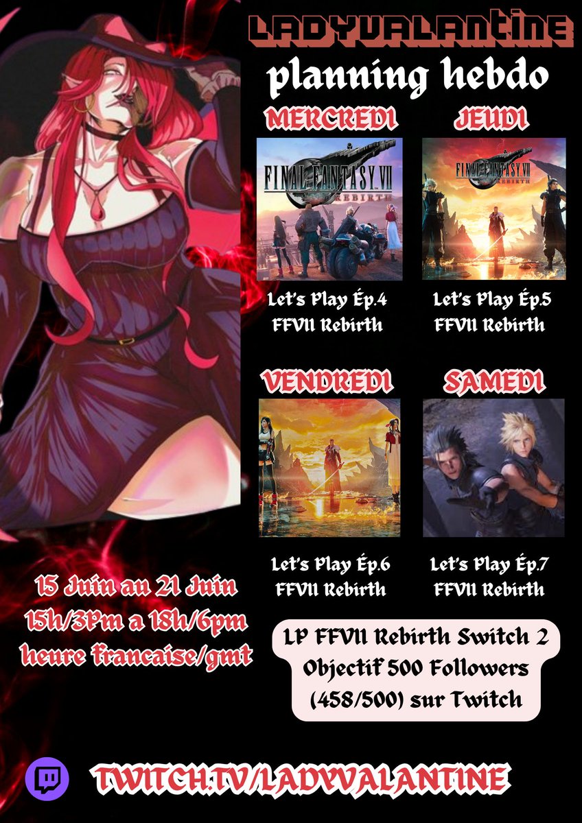 Valantine77's tweet photo. Hello les Courtisans!🌹
j espere que vous allez bien aujourd'hui
on se retrouve a la cour ecarlate dès demain 15h pour Suite Let's Play FFVII Rebirth Switch 2🍷
passer une bonne journée 🫶
#twitchfr #vtuberfr #FFVIIRebirth #switch2 https://t.co/6gI7exXCRx