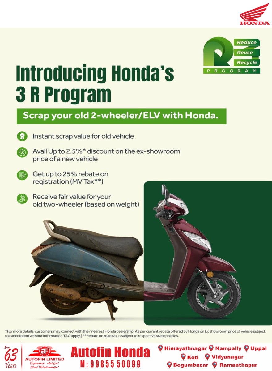 AutofinH's tweet photo. It's time for a smart upgrade!
Scrap your old end-of-life two wheeler with Honda and ride home a new Honda Two Wheeler with exciting benefits.
#honda #Honda2Wheelers #ThePowerOfDreams #ELV #3RProgram #AutofinHonda https://t.co/YydLouGNty