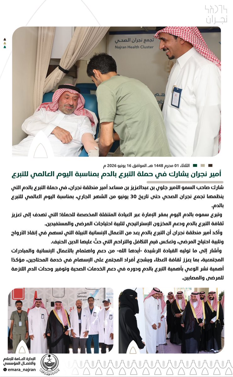 emara_najran's tweet photo. منوهًا بما توليه القيادة الرشيدة من دعم واهتمام بالأعمال الإنسانية والمبادرات المجتمعية التي تعزز ثقافة التبرع والعطاء..

#أمير_نجران يشارك في حملة التبرع بالدم التي ينظمها تجمع نجران الصحي بالمنطقة بمناسبة #اليوم_العالمي_للتبرع_بالدم. https://t.co/EbDLIJWCnY