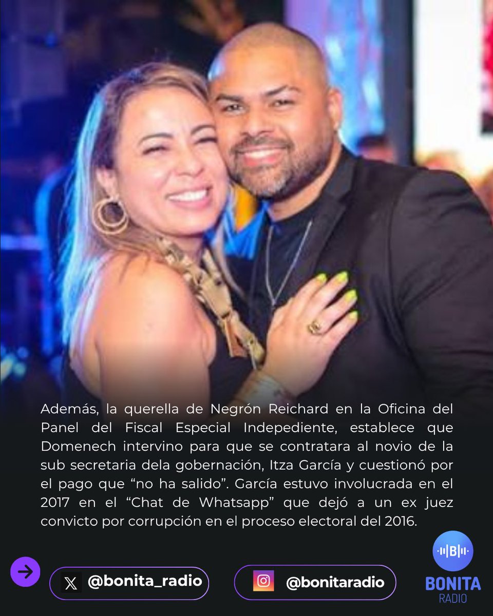 Bonita_Radio's tweet photo. Gobernadora mintió y secretaria del @Justicia_PR prepara opiniones “custom made” para el Secretario Gobernación. La querella del ex secretario del ex @DDECPR Sebastián Negrón Reichard, contra Francisco Domenech, pone a la tercera en mando en el orden sucesoral constitucional, Lourdes Gómez, a confeccionar a la medida una opinión legal que otorgó independencia decisional a la figura del director de @OGPEPR frente al primero para poder justificar otorgar contratos a diestra y siniestra, en particular el que tenía que ver con publicidad y la erogación de $2.4M en fondos federales para una campaña educativa. 

Además, Negrón Reichard advierte que @Jenniffer sabía y se molestó al punto de alzarle la voz en una reunión, sobre su interés de despedir a Norberto Almodóvar, entonces director de OGPe, contrario al asombro que demostró en conferencia de prensa cuando el primero renunció a su posición en el Gabinete el pasado 26 de mayo. 

Entre copia de correos electrónicos y mensajes de texto que se alega son producidos por Domenech, Negrón Reichard trajo 23 alegaciones que ponen al Secretario de la Gobernación  a: 

🫵 Nombrar personal de confianza en las agencias con el solo criterio político partidista y que participaron en la campaña de la hoy Gobernadora 
🤨 Ordenar la contratación del novio de la Sub Secretaria de la Gobernacion, Itza García - Luis Sanchez Albino - en el DDEC y cuestionar “por qué no se le ha pagado marzo y abril”.
🚨 Chantajear al Secretario con información de querellas en la @OEGPR por supuestas actuaciones de uso de auto oficial, fiestas y nombramientos de personal allegado al Bufete Legal de su abuelo, el ex secretario de justicia en la
Administración de Carlos Romero Barceló, Héctor Reichard. 
📜 Intervenir en la adjudicación de decretos a los socios del proyecto de lujo en la @DistritoPR Opus Miramar, clientes de Politank. . A saber los socios del fondo de inversión, Centuria Opportunities - desarrollador del proyecto- el broker Federico Cardona Firpi, hijo del arquitecto, Segundo Cardona Colom, diseñador y socio del dueño del también fondo de inversión Mission Prime, Dmitri Zapolskikh. Allí también se sienta Gabriel López Sánchez. 
#gobierno #pnp #corrupcion