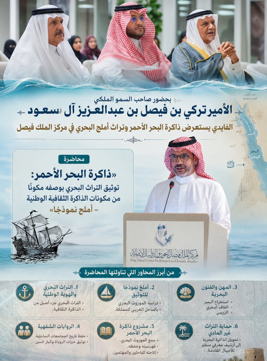 hjnumluj's tweet photo. بحضور صاحب السمو الملكي الأمير تركي بن فيصل بن عبدالعزيز آل سعود،سلّط الأستاذسليم الفايدي @saleemalfaidi في مركز الملك فيصل للبحوث والدراسات الإسلامية الضوء على التراث البحري في #أملج، مؤكدًا أهمية توثيق الموروث الثقافي المرتبط بالبحر وحفظه بوصفه جزءًا من الذاكرة الثقافية الوطنية https://t.co/wHawLQ9OYd