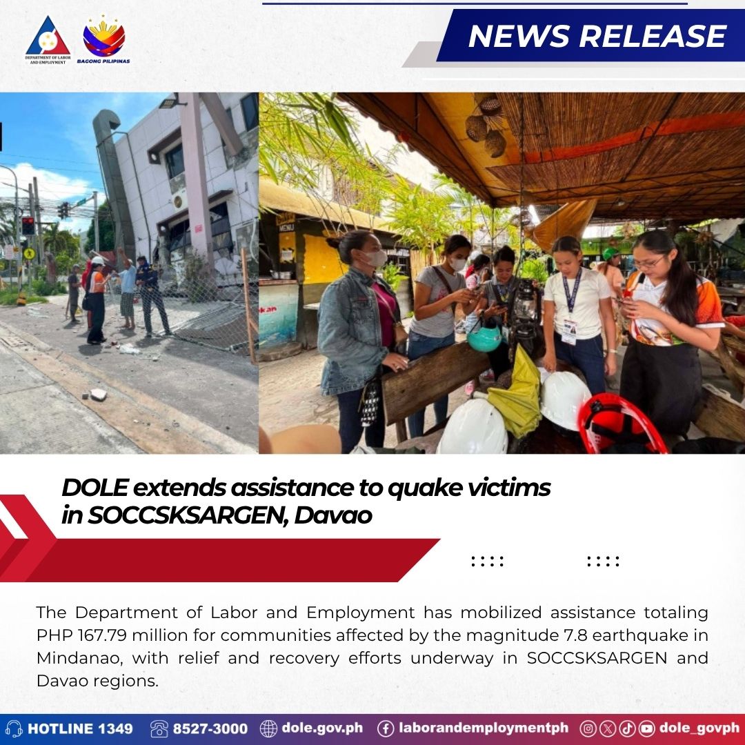 dole_govph's tweet photo. 𝐃𝐎𝐋𝐄 𝐞𝐱𝐭𝐞𝐧𝐝𝐬 𝐚𝐬𝐬𝐢𝐬𝐭𝐚𝐧𝐜𝐞 𝐭𝐨 𝐪𝐮𝐚𝐤𝐞 𝐯𝐢𝐜𝐭𝐢𝐦𝐬 𝐢𝐧 𝐒𝐎𝐂𝐂𝐒𝐊𝐒𝐀𝐑𝐆𝐄𝐍

𝐑𝐄𝐀𝐃: https://t.co/ki7w0P5TrW

#BagongPilipinas
#SerbisyongDOLE https://t.co/2xlB2HmByx