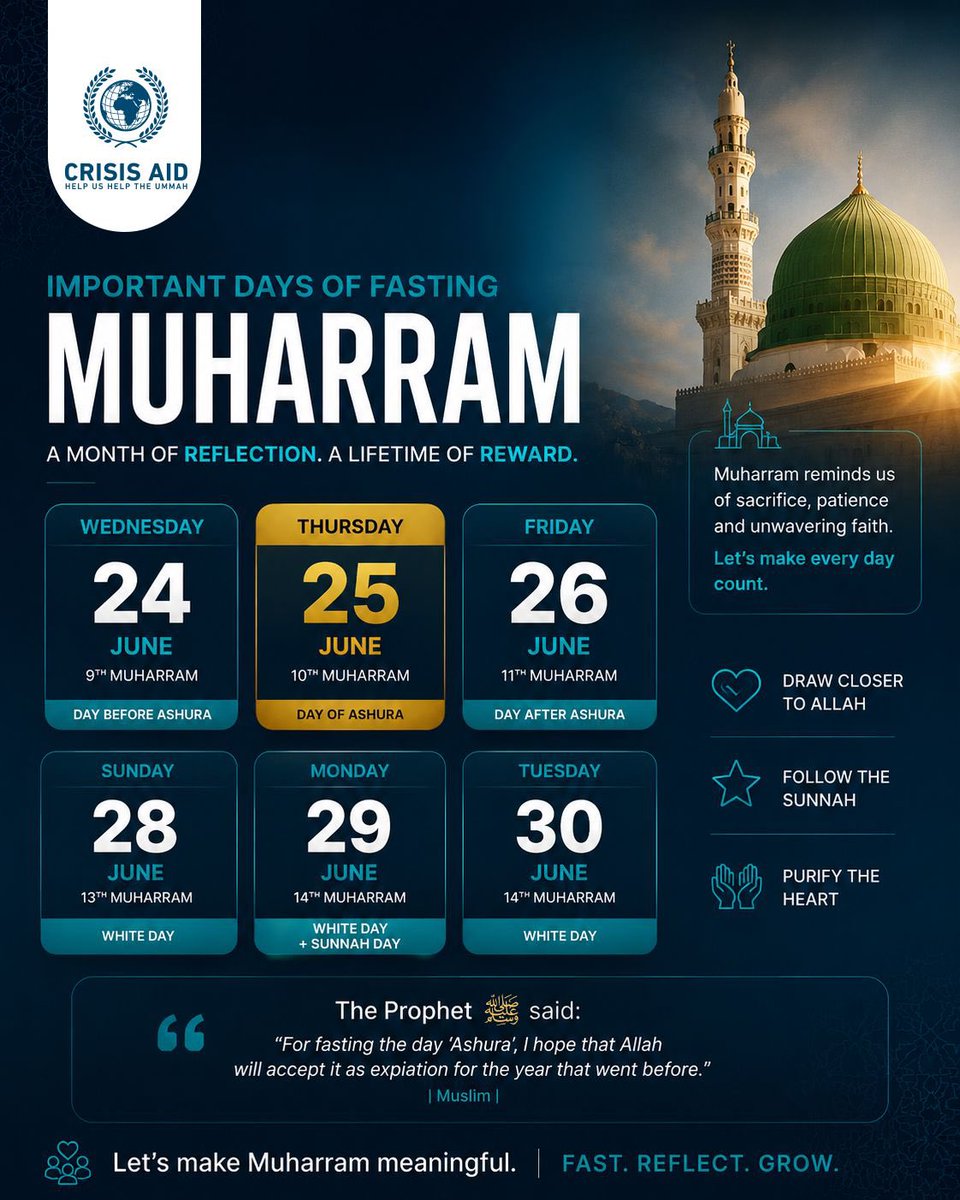 crisisaiduk's tweet photo. 🌙✨ Muharram has arrived — one of the four sacred months honoured by Allah ﷻ. 🤲🏽💙

A blessed time to increase in worship, reflection, dhikr &amp; good deeds. 🕌✨

Let us seek Allah's mercy &amp; strive to grow closer to Him. 🌟💙

Donate your Sadaqah today:
https://t.co/JE2lh2rxFJ https://t.co/Y20kW872F5