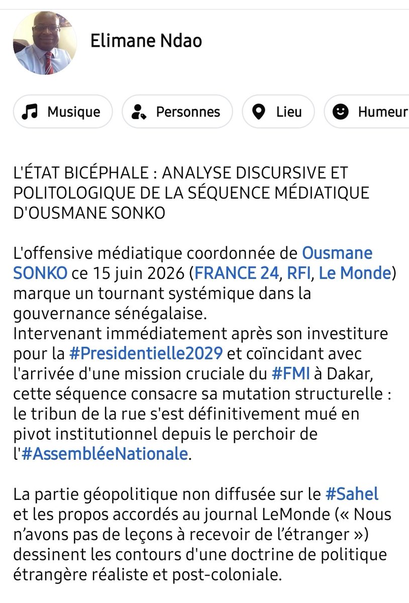 e_ndao's tweet photo. L'ÉTAT BICÉPHALE : ANALYSE DISCURSIVE ET POLITOLOGIQUE DE LA SÉQUENCE MEDIATIQUE D'OUSMANE SONKO

#Senegal #MONCAP #OusmaneSonko #Geopolitique #Souverainete #Afrique #Diplomatie #Sahel #Communication #Discursive #Politologique https://t.co/f19rS3PqFE