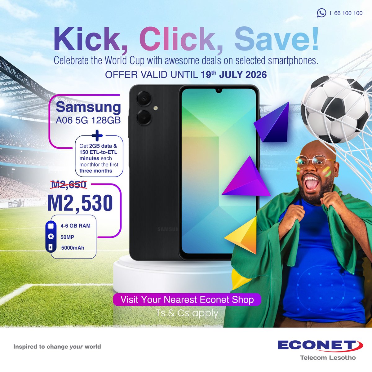 econetlesotho's tweet photo. The World Cup is here, and so are the deals! ⚽📱
Get selected smartphones on promotion for the duration of the World Cup 📱
Hurry to your nearest shop today and don't miss out!
#Econet #WorldCup https://t.co/tEgUmrstc4