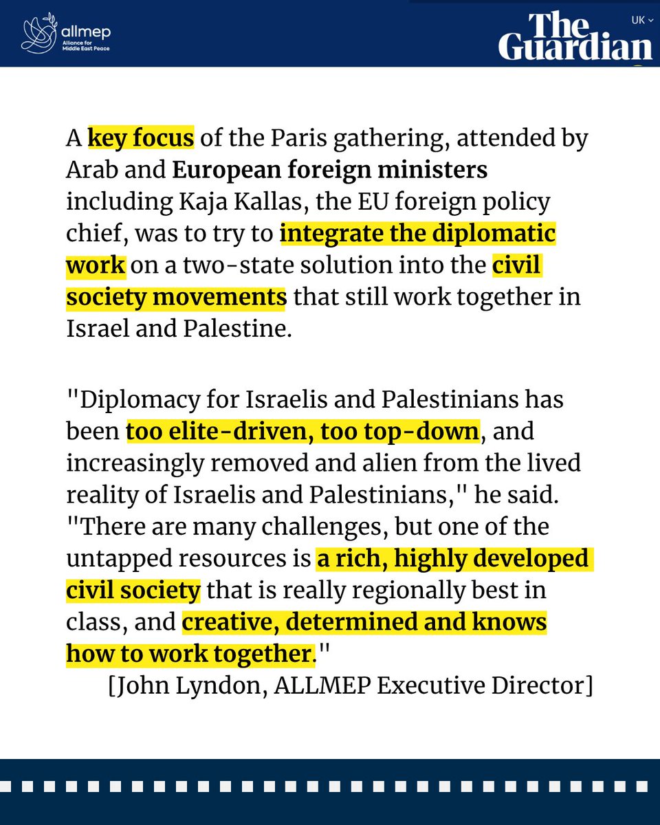 ALLMEP's tweet photo. “The window for a solution remains open, but it is narrowing."
@guardian deep dive into last Friday’s historic convening by @jnbarrot of 🇵🇸&amp;🇮🇱peacebuilders + global diplomats in Paris, and their call urging #G7 leaders to ground diplomacy in civil society

https://t.co/xc4ClD5vYJ https://t.co/lB7LZXGq1Y
