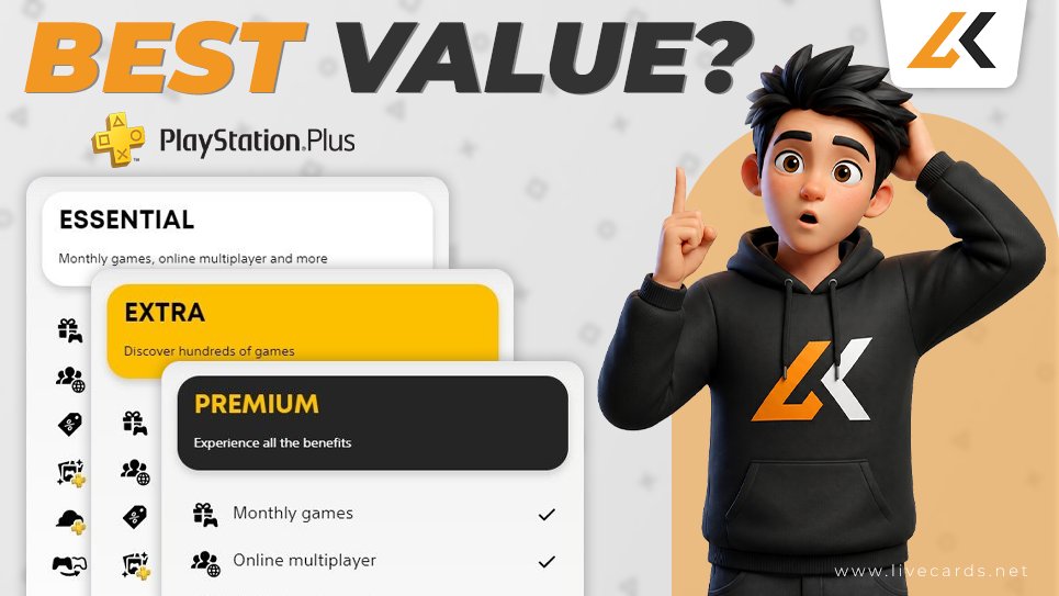 Livecards_net's tweet photo. Buying PlayStation Plus in 2026? 👀

Essential, Extra, or Premium — not every tier gives the same value for every player.

Before you subscribe or renew, compare what you actually need.

https://t.co/bHW7QQGPvn

#PSPlus #PlayStation #PS5 https://t.co/Oevs1kMMLm