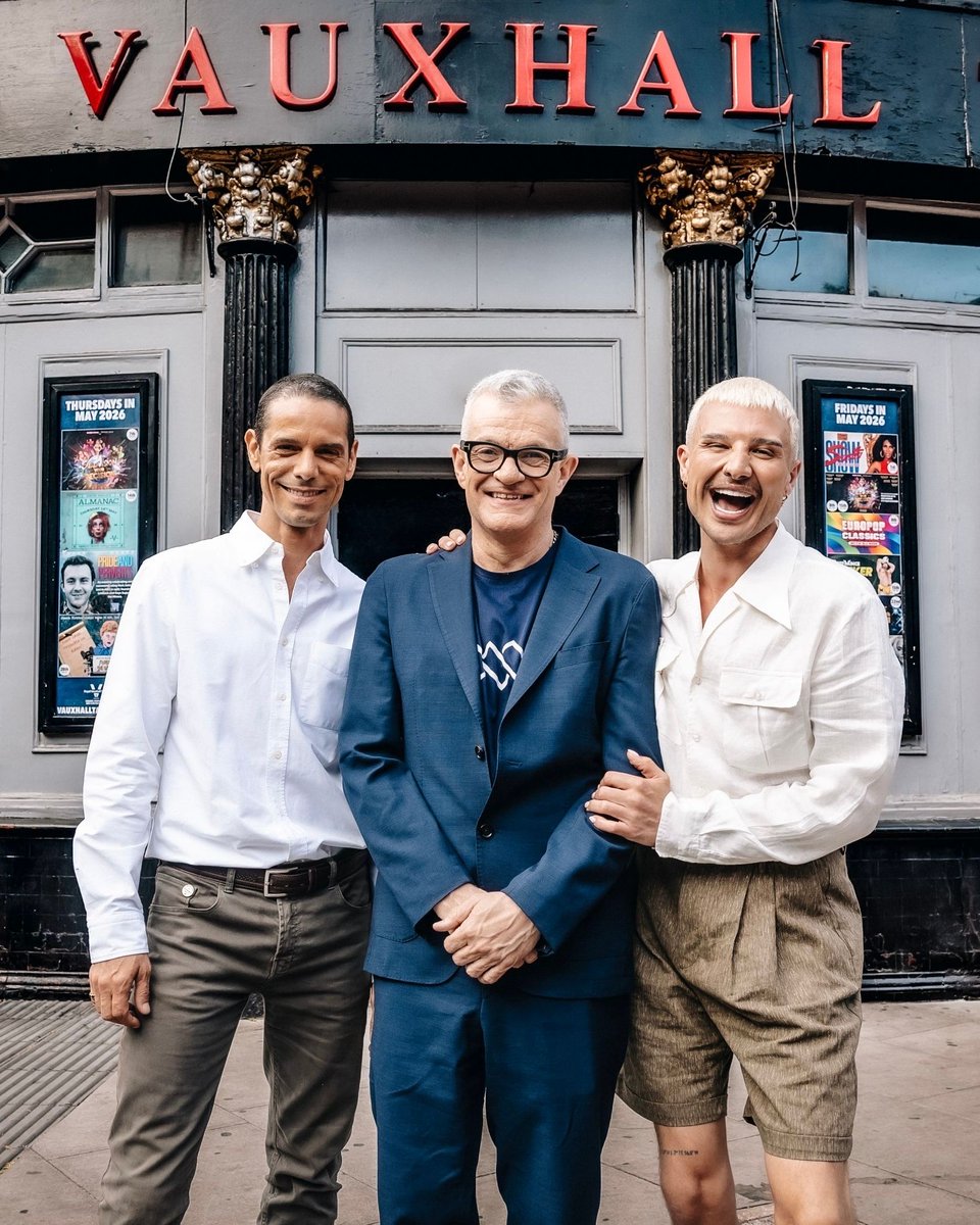 thisisqueerly's tweet photo. Jonathan Harvey, Danny Beard, and André Portasio celebrate the announcement of SAVAGE at the Royal Vauxhall Tavern, home to Lily Savage’s iconic residency. The new musical inspired by Paul O’Grady’s life premieres on 13 February 2027. https://t.co/IzAjiw7TEt