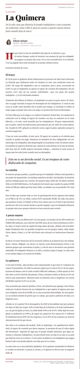 ChuckGutie95485's tweet photo. @RobertoMerken “La Quimera”. Te venden la “sala cuna universal” como derecho. La paga la trabajadora con su seguro de cesantía; el empleador no pone un peso. Es el modelo completo: sueldos bajos, AFP financiando a la elite, puro commodity sin industria. Una quimera. https://t.co/5zRQP9zTgK