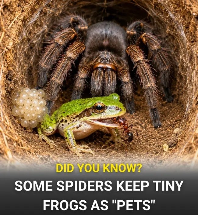 dufitalexis1's tweet photo. Deep in the Amazon rainforest, scientists have observed a surprising partnership between a tiny humming frog and a large burrowing tarantula. Instead of eating the frog, the spider allows its tiny "housemate" to live inside its burrow as a "pet". In return, the frog helps protect the tarantula's eggs by feeding on ants and other small insects that could threaten them. Researchers believe the tarantula recognizes the frog through chemical cues and has learned that it is a helpful ally rather than prey. The unusual relationship has even led some people to describe the frogs as the spiders' "pets," making it one of nature's most remarkable examples of mutual cooperation. 🐸🕷️