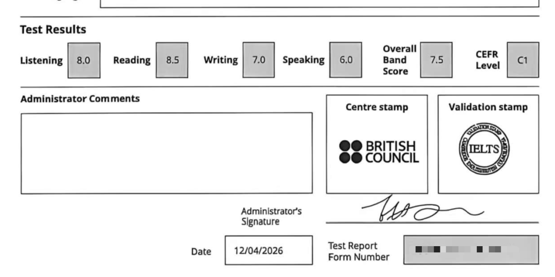 Billcey's tweet photo. Passed the IELTS Academic test!  Listening:8.5, Reading:8.0, Writing:7.0, Speaking:7.5, Overall:8.0. So grateful for all the help that got me here! #IELTS #TestResult， https://t.co/t26aIcrnMv