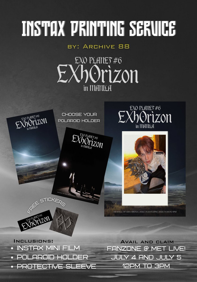 archive_88's tweet photo. Instax Printing Services by @archive_88

✨️EXO PLANET#6: EXHORIZON IN MANILA

P100-114 per film with inclusions

📷Get your slot now!
https://t.co/BdKqc0ls0A

With every purchase, a portion of the proceeds goes to the @kimwhojongin fan project. 

#EXOinMANILA #EXO #엑소 https://t.co/MzxM4CUM5S