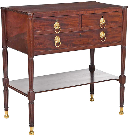 AntiqueDigest's tweet photo. New York Classical figured-mahogany dressing table, c1815, in the style of Duncan Phyfe, with lion mask pulls and brass feet, 36½" x 36¼" x 19", sold for $9375 (e $1000/2000) at @BrunkAuctions https://t.co/ReE22FFgvy #antiques #antique #furniture #Classical #table #Phyfe https://t.co/fv0jqHAFOP