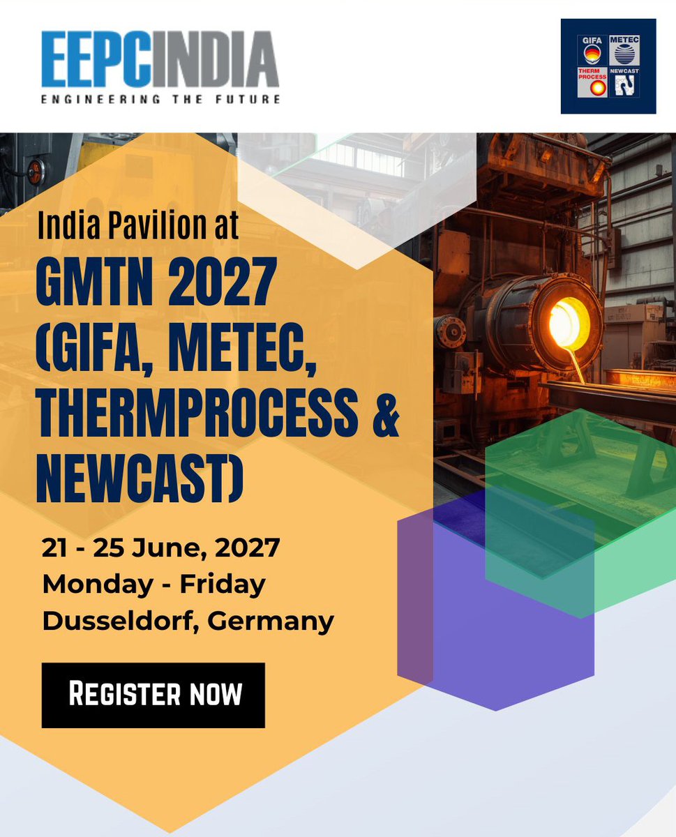 eepcindia's tweet photo. GMTN 2027 – The Bright World of Metals brings together global industry leaders to foster partnerships and explore future-oriented solutions across the metals and engineering ecosystem.

Join @eepcindia coordinated India Pavilion @

⚙️ GMTN 2027
(GIFA, METEC, THERMPROCESS & NEWCAST)

📍21–25 June, 2027
(Mon – Fri)

🔹Messe Düsseldorf GmbH, Düsseldorf, Germany

======

✍️ Book Booth https://t.co/87NfVLWNTc

✍️ Read More https://t.co/7FgJ6svlkK

🤚 Les

@DoC_GoI @MDI_IND @MD_GmbH @eoiberlin @AssamChamber @UTKALCHAMBER @FKCCI_Karnataka @FTCCI @keralachamber @cochinchamber @ChamberJammu @kgcciofficial @BiharIndustries @JharkhandIndus1 @CHAMBERCG @ICC_Chamber @BharatChamber @MCCIKol @ASSOCHAM4India @FIAfaridabad @FGIGujarat @GCCIAhmedabad @gccigoa @federation_m @FIAfaridabad @FieoHq @HCCI_YNR @CCIChandigarh @phdchamber @MCCIA_Pune @gsiagoa @BombayChamber @SocialBIA @IMC_India @TSSIATISA @Aiema12 @SIEMA1952 @MadrasChamber @VCCI14 @vccivadodara @ficci_india @aiai_india @wtc_bhubaneswar @TSSIATISA