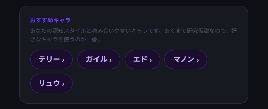 twilight00002's tweet photo. 私の格ゲー認知タイプは【ESFJ・支援者型】でした！
認知スタイル：観察×反射×圧力

キャミィどこ？
自分が使ってるキャラ誰一人いなくて草
#格ゲー認知診断 #StreetFighter6 https://t.co/ip6GbCyanS