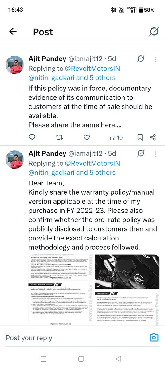 iamajit12's tweet photo. @RevoltMotorsIN @nitin_gadkari @PMOIndia @jagograhakjago @IndSupreme Please share me the documentary prof of the same... Which I asked 2-3 days earlier via comment in this communication. You are failed to share anything.. Yes representative has I do have his/her call record.. Which will be shared soon. Please respond to my queries https://t.co/2hZVt1aOC4