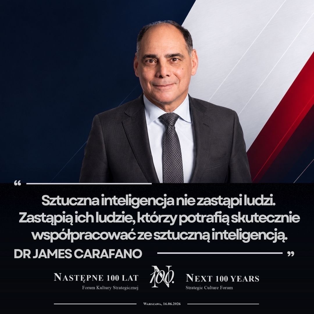 NEXT100REAL's tweet photo. dr James Carafano dla NEXT100: "Sztuczna inteligencja nie zastąpi ludzi. 
Zastąpią ich ludzie, którzy potrafią skutecznie współpracować ze sztuczną inteligencją." 

Dowiedz się więcej na https://t.co/23KXalDjoP

#NEXT100 https://t.co/dXvIOZCdVv