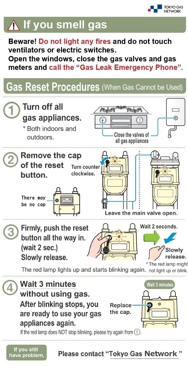 tokyogas's tweet photo. 【Notice regarding #earthquakes】
There was an earthquake.
 
⚠️If you smell gas
call the “Gas Leak Emergency Phone”
(Not available through Twitter)

▼Resetting your meter
Please see the image below for details.

#gas_leak #meter #tokyogas https://t.co/eqy0r7YPIh