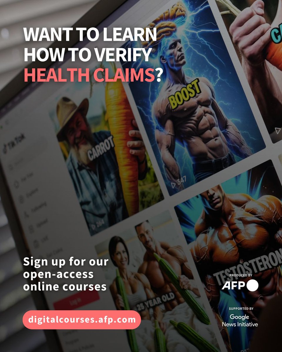 AFPFactCheck's tweet photo. Misinformation about health is rampant online, including in answers provided by AI chatbots. Learn to verify health claims with our open-access course ⬇   https://t.co/1WqHRMIH1b https://t.co/dQaa71Xo95
