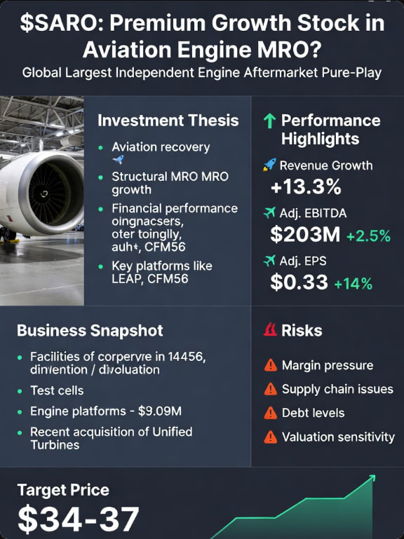 MichaelHayes52's tweet photo. $SARO: A high-quality growth stock in the aircraft engine MRO sector? Is it worth investing in given the recovery in air travel and defense demand?

The world’s largest independent, pure-play aircraft engine aftermarket company, benefiting from structural growth in the aviation engine MRO sector (long-tail recurring revenue, high barriers to entry). Q1 2026 revenue grew strongly by 13.3%, and the company raised its full-year guidance, with the ramp-up of high-growth platforms such as the LEAP and CFM56 driving medium- to long-term expansion.

A leading independent, pure-play provider of aircraft engine aftermarket services, primarily offering engine maintenance, repair, and overhaul (MRO) and component repair services for fixed-wing and rotary-wing aircraft, serving the commercial aviation, military/helicopter, and business aviation markets.

Strong Q1 2026 results: Revenue of $1.627 billion (+13.3% YoY), Adjusted EBITDA of $203 million (+2.5%), and Adjusted EPS of $0.33 (+14%). Double-digit growth across all end markets: Commercial Aviation +11%, Business Aviation +20%, Military/Helicopter +10%
Business Highlights: 50+ facilities, 55 test cells, servicing 40+ engine platforms; Component Repair Services offer higher margins and are expanding; recent acquisition of Unified Turbines enhances capabilities

Key Concerns (Risks)
Short-term gross margin pressure: platform ramp-up learning curve, one-time costs, and material mix impacts (Q1 EBITDA margin 12.5%).
Supply chain/labor constraints, macro aviation demand volatility (oil prices, travel recovery).
Debt levels (though improving), customer concentration, and execution risks (ramp-up falling short of expectations).
High valuation is sensitive to execution; Q2 results and cash flow conversion should be monitored. 

Target Price: $34–$37
#NVDA #BA #RTX #LMT #AERO #GE #AVAV