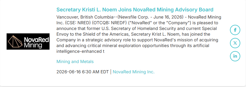 TradePulse2's tweet photo. $NRED / $NREDF just added a major name to its advisory story.

Kristi L. Noem - who served under President Donald Trump as the 8th U.S. Secretary of Homeland Security, and previously served as the 33rd Governor of South Dakota - has joined NovaRed Mining as a strategic advisor.

That is a big signal for a junior mining company trying to position itself around critical minerals, AI-enhanced exploration and long-term supply-chain relevance.

NovaRed is not building a basic mining narrative.

The company is connecting 3 major themes:

Copper-gold exploration
AI-driven mineral targeting
U.S. critical minerals and supply-chain strategy

Its core project is Wilmac Copper-Gold in British Columbia - a 16,078 hectare land package located about 10 km from the producing Copper Mountain Mine.

That gives NRED a clean exploration angle: copper, gold, BC geology, porphyry potential and AI-powered target evaluation.

Now add Kristi Noem’s background from the Trump administration, state leadership, national security, infrastructure, energy, agriculture and public policy.

That creates a much broader story.

Copper is no longer just a mining metal.

It is tied to AI data centers, power grids, EVs, infrastructure, defense, reshoring and domestic supply-chain security.

NovaRed is trying to sit directly inside that trend.

The company’s AI-enhanced geospatial platform is designed to identify and evaluate prospective mineral properties using machine learning-driven intelligence combined with traditional geological expertise.

So the NRED story now has multiple layers:

• 16,078 ha Wilmac project
• 10 km from Copper Mountain Mine
• Copper-gold porphyry exposure in BC
• AI-enhanced mineral exploration
• Critical minerals strategy
• Trump administration connection through Kristi Noem
• Supply-chain and infrastructure relevance

For a junior mining company, visibility matters.

Strategy matters.

Location matters.

Data matters.

Policy connections matter.

NovaRed is putting all of that into one story.