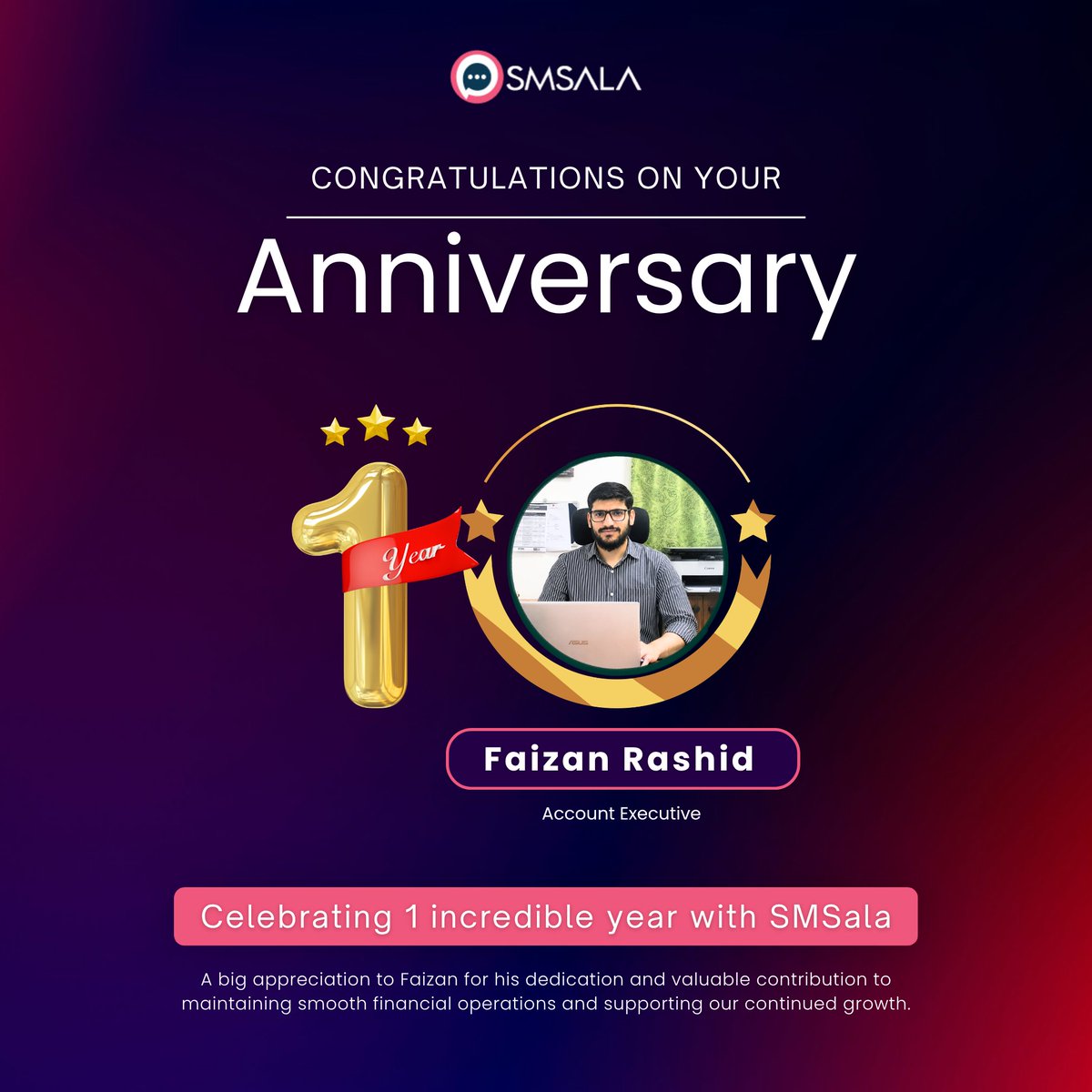 officialsmsala's tweet photo. Celebrating 1 Year with SMSala!

Today, we recognise Faizan Rashid, our 𝗔𝗰𝗰𝗼𝘂𝗻𝘁𝘀 𝗘𝘅𝗲𝗰𝘂𝘁𝗶𝘃𝗲, on completing his first year with SMSala.

#SMSala #WorkAnniversary #AccountsExecutive https://t.co/UlP2qAZpg3