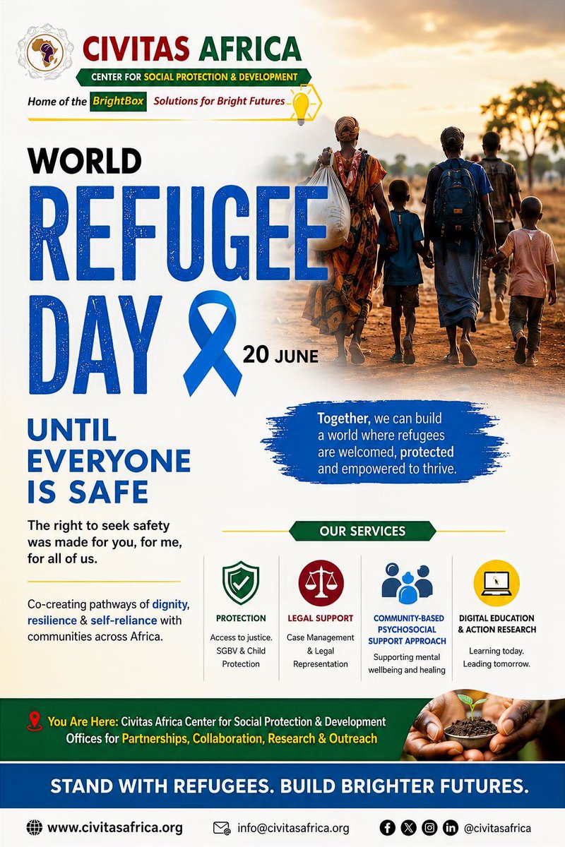 CivitasAfrica's tweet photo. This #WorldRefugeeDay ,stand with @civitasafrica as we co-create pathways of dignity, resilience &amp; self-reliance through🛡️ Protection &amp; Justice⚖️ Legal Support &amp; Case Management🧠 Psychosocial Support &amp; Mental Wellbeing💻 Digital Education &amp; Action Research Until everyone is safe https://t.co/XgMS3kx97X