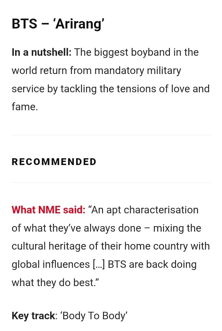 Bangtan7_Stream's tweet photo. [📰] NME has named #BTS_ARIRANG among of the Best Albums of 2026 So Far! 🔥

“The biggest boyband in the world return from mandatory military service by tackling the tensions of love and fame.”

🔗https://t.co/zOyz8Wf9x2 https://t.co/rGhZXKLNi6