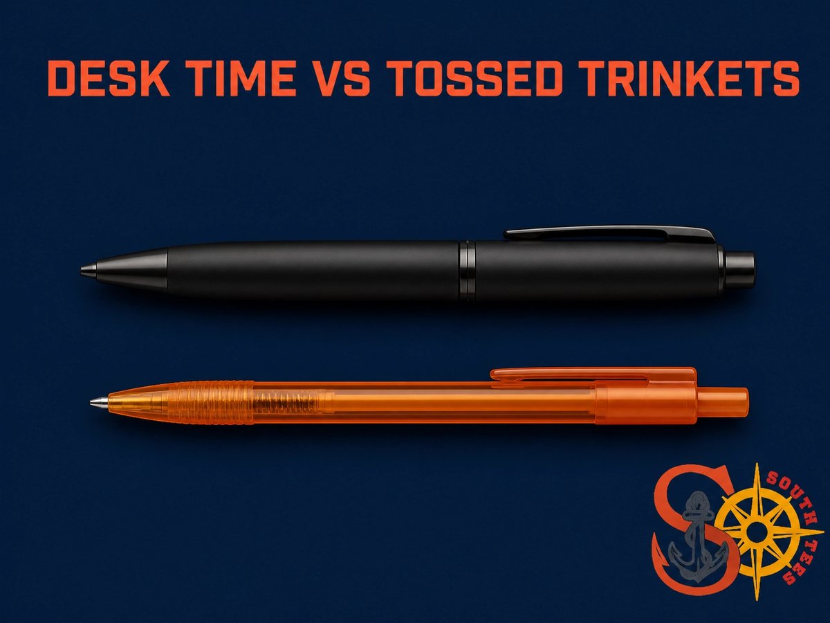 SOSouthTees's tweet photo. Stop handing out brand killers. Cheap pens end up in the trash before you leave the parking lot. You want desk time, not tossed trinkets. See you tomorrow at the St. Lucie Chamber Breakfast at Gator Trace. If you want it done right the first time, reach out. https://t.co/DMCCSnKHOW