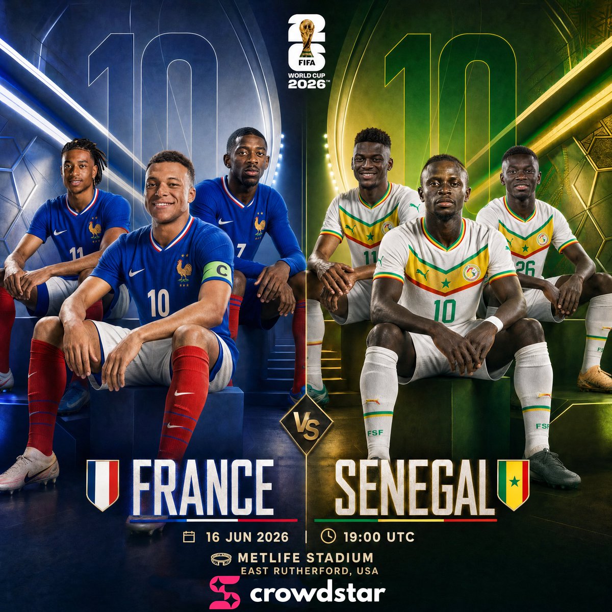CrowdStar_AI's tweet photo. France vs Senegal. 🇫🇷🇸🇳

Mbappé. Olise. Dembélé.
Mané. Jackson. Gueye.
France’s speed meets Senegal’s power at MetLife Stadium. ⚡

🗓 16 Jun 2026 ⏰ 19:00 UTC

Who wins? Drop 🇫🇷 or 🇸🇳 below.
Create your own World Cup poster at https://t.co/1CvRLBUdFO.

#WorldCup2026 #France #Senegal #CrowdStar