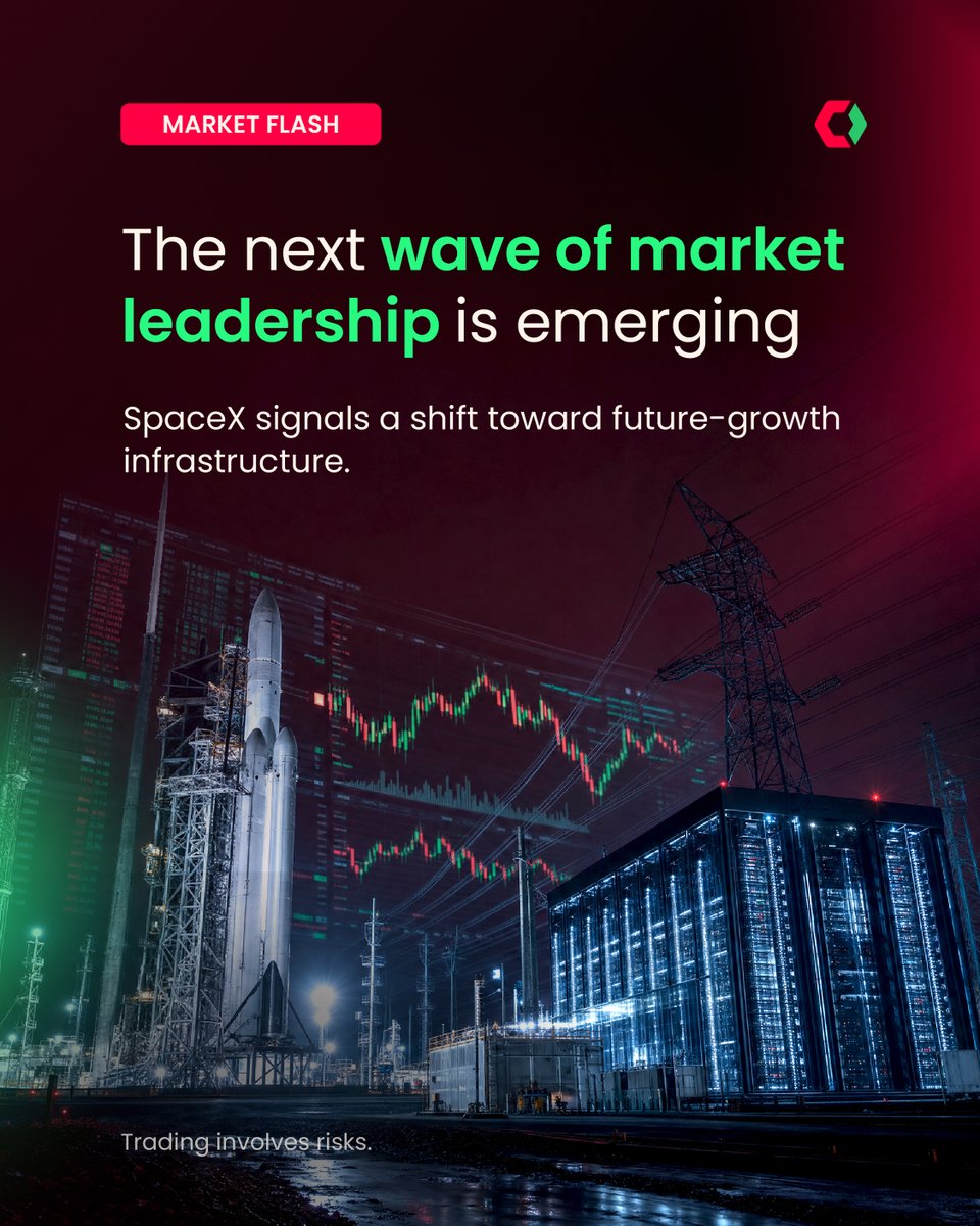 Tickmill's tweet photo. The 𝗦𝗽𝗮𝗰𝗲𝗫 𝗜𝗣𝗢 is capturing headlines, but the bigger story may be where investors are looking next.

From AI infrastructure and power to robotics, defence and space technology, markets are increasingly focused on the systems supporting 𝗳𝘂𝘁𝘂𝗿𝗲 𝗴𝗿𝗼𝘄𝘁𝗵.

The 𝗻𝗲𝘅𝘁 𝗹𝗲𝗮𝗱𝗲𝗿𝘀𝗵𝗶𝗽 𝗰𝘆𝗰𝗹𝗲 may look very different from the last.

👉 Track the themes moving the market. Trade them with Tickmill.

#SpaceX #TradingNews #SpaceXIPO #Trading #MarketNews