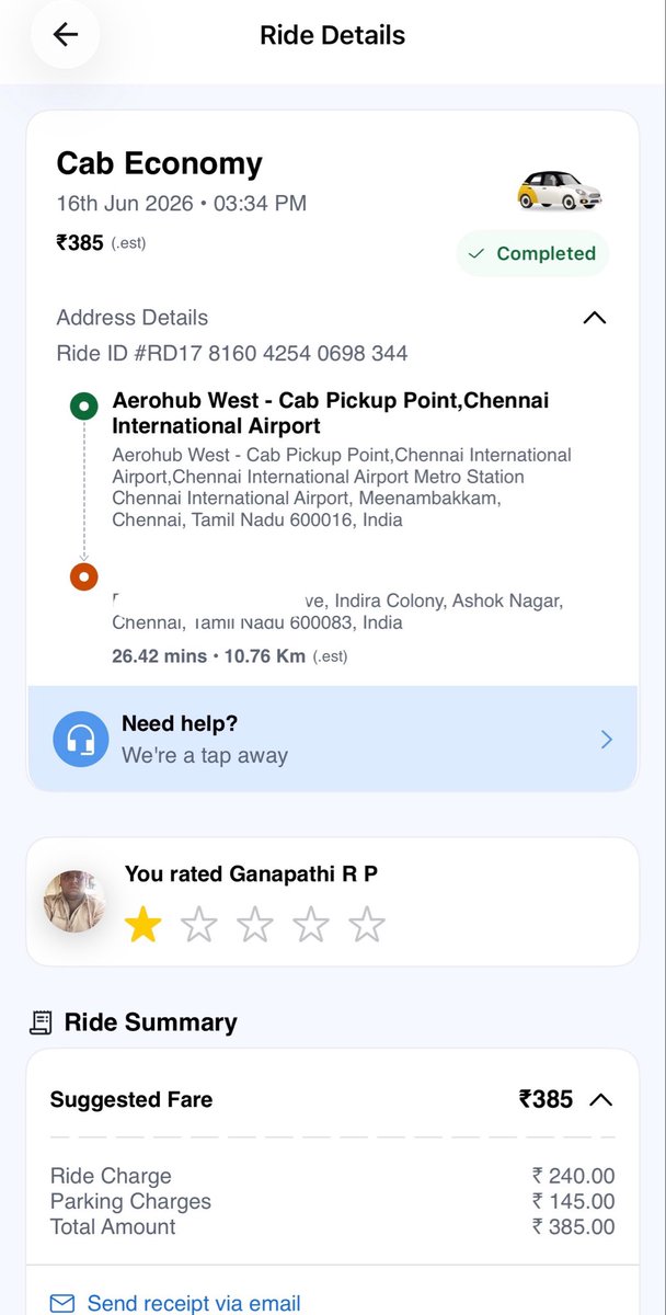 PantryCar's tweet photo. Some Drishti incident has to happen after all! 🤷🏻♂️😤
Rapido driver cleverly Demanded 145 extra parking charge.
I didn’t budge. Was yelled at. I called police control via Rapido SoS. Finally won by paying just the bill as per Rapido.
Thanks to @chennaipolice_ for swift (1/2) https://t.co/RTtEtDv6C9